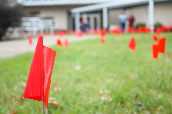 A small red flag attached to a narrow wire stands on a green lawn. Out of focus in the background can be seen many more red flags, leading towards a covered walkway at the entrance of a building.