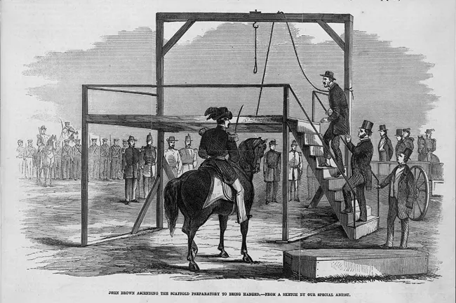 A black-and-white illustration from the 1800s. Before a crowd of people, a man walks up a staircase toward a noose. A man to the side sits atop a horse, wearing military garb.