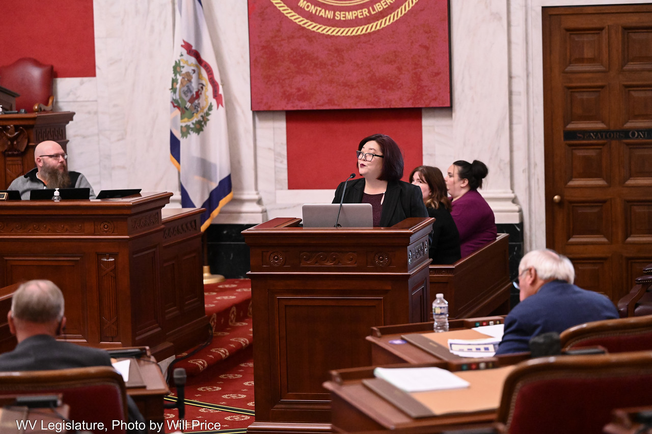 A woman wearing a black suit and black rimmed glasses testifies at a wooden podium in the Senate Chambers in the West Virginia Capitol.