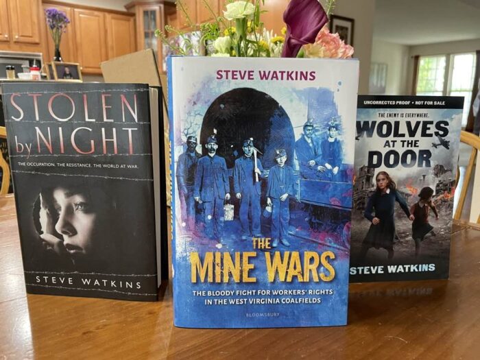 A trio of books by Steve Watkins are displayed on a kitchen table in front of a flower arrangement.
