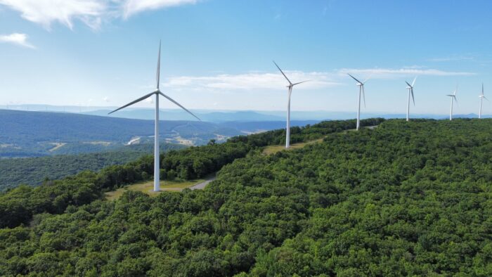 Wind turbines sit on top of a heavily wooded mountain.