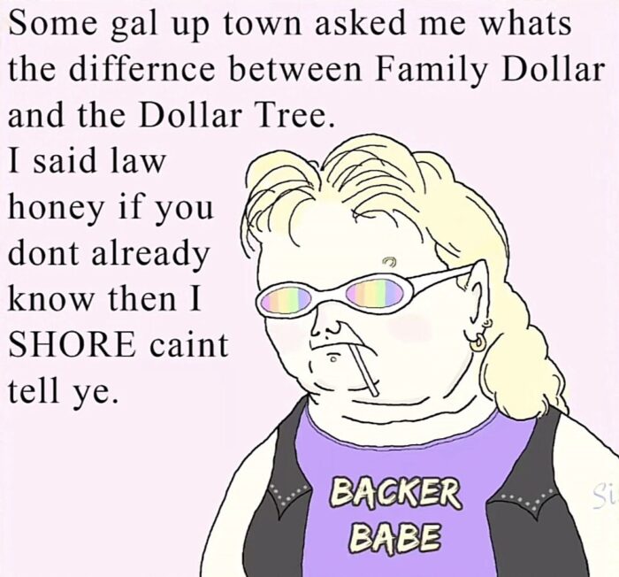 A hand-drawn meme is seen of a woman with a mullet. On her shirt reads, "Backer Babe," and she wears sunglasses that have rainbow colors on them. The meme reads, "Some gal up town asked me whats the difference between Family Dollar and the Dollar Tree. I said law honey if you don't already know then I SHORE caint tell ye."