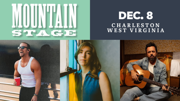 Shown is a graphic featuring three musicians, two men and one woman, with the Mountain Stage logo and the date "Dec. 8 Charleston West Virginia."