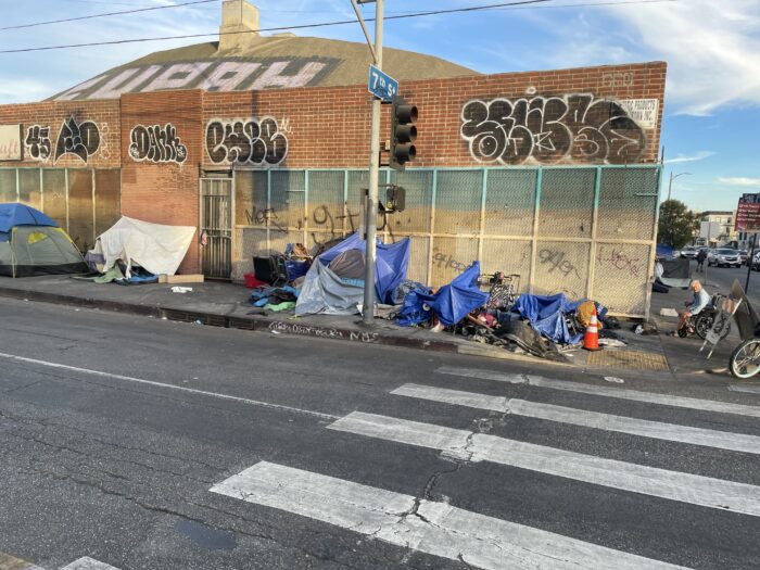 A far away photo of makeshift tents along a sidewalk for the homeless.