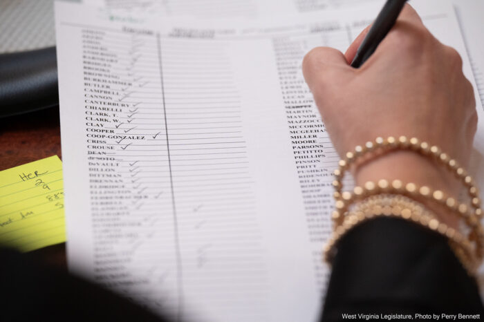 A hand with gold bead bracelets holds a pen and places check marks beside a sheet of paper with a list of last names printed on it.