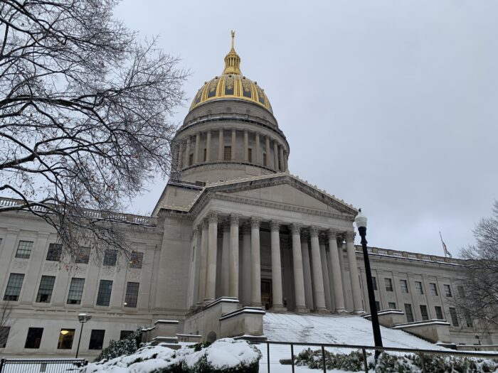 capitol dome from Kanawha Blvd with snow on steps