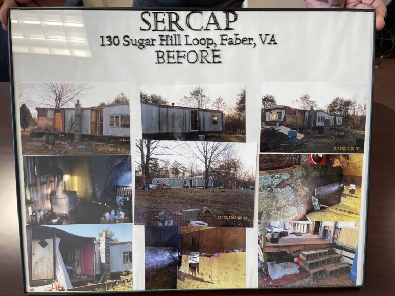 Photographs framed in a collage. Above them reads, "SERCAP 130 Sugar Hill Loop, Faber, VA BEFORE."