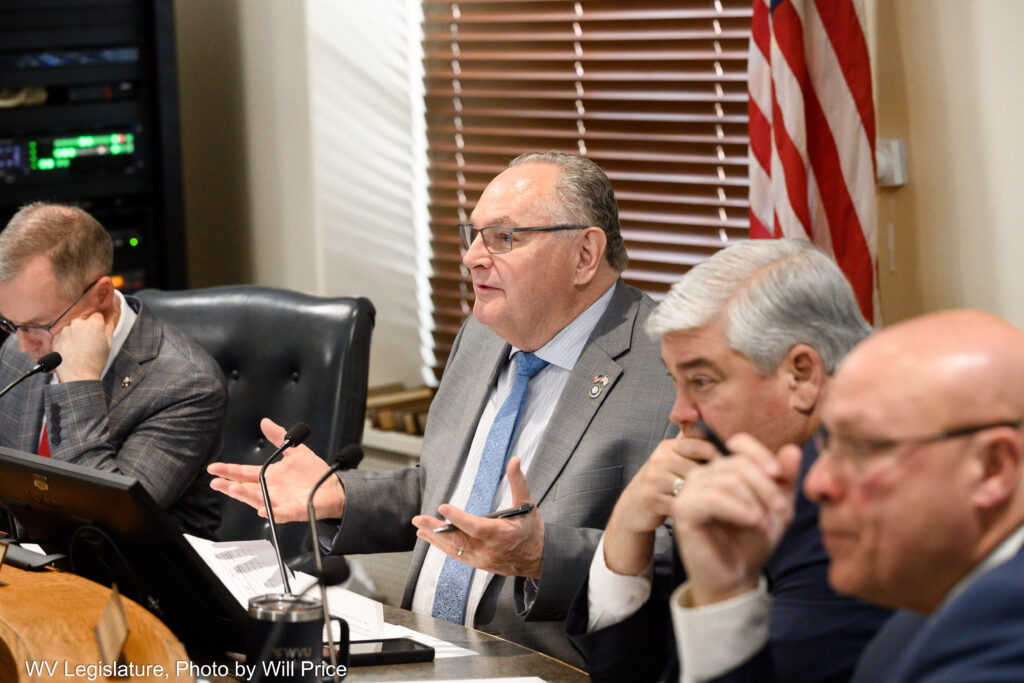 A man wearing a grey suit and blue tie speaks from a stage in a committee room. He is gesturing with his hands and wearing black glasses.