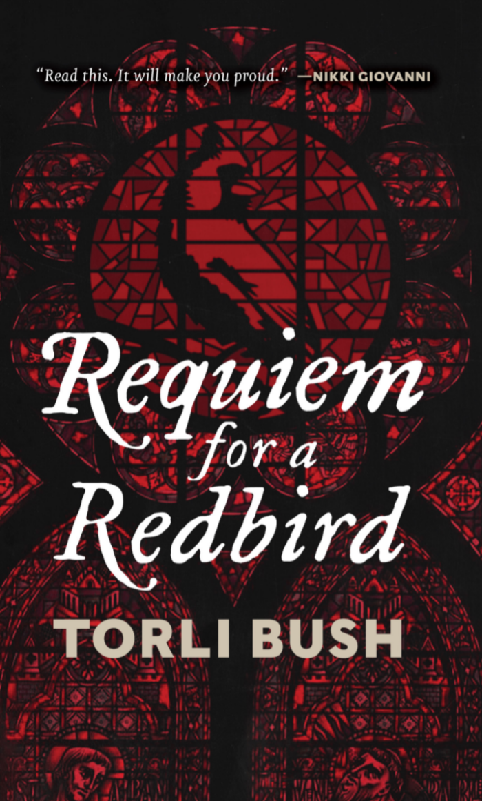 Book cover of "Requiem for a Redbird" by Torli Bush. The cover is red with stain glass accents. 