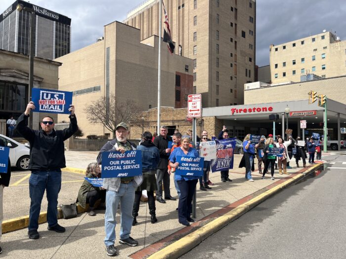 People holding signs line a city street and look toward traffic.