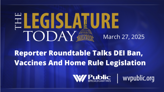 Blue background with the words, "The Legislature Today: Reporter Roundtable Talks DEI Ban, Vaccines And Home Rule Legislation."