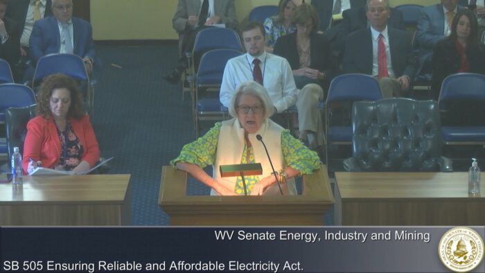A woman with gray hair, glasses and a lime green sweater speaks into a microphone with people sitting behind her in a room.