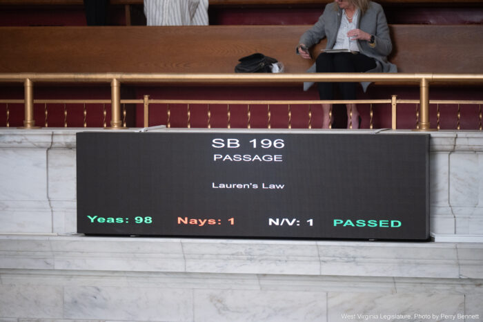 A large black screen shows the final vote tall for Senate Bill 196, Lauren's Law. The vote is 98 yeas, 1 nay, 1 absent.