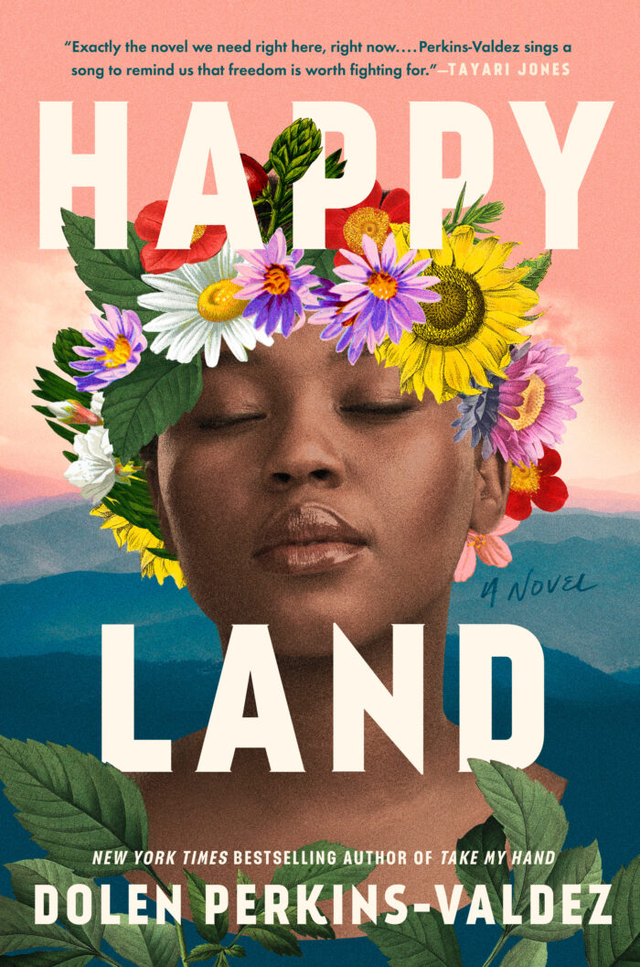 A book cover with the title "Happy Land" in capital letters. The cover has an illustration of a Black person with a crown of flowers around their head.