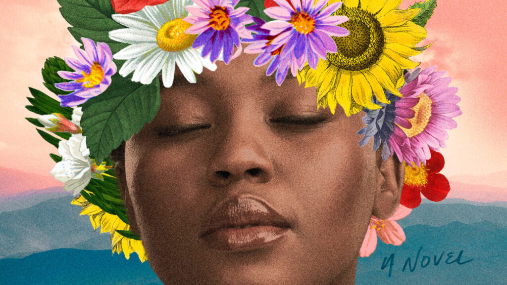 A book cover with the title "Happy Land" in capital letters. The cover has an illustration of a Black person with a crown of flowers around their head.