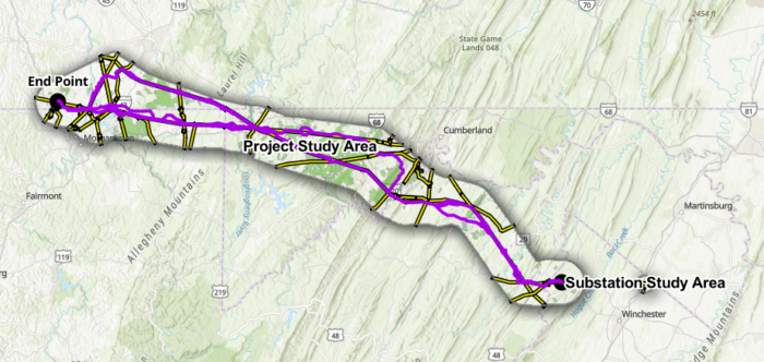 A map of northeastern West Virginia, western Maryland and northwestern Virgnia highlights a study area for a proposed transmission line project.