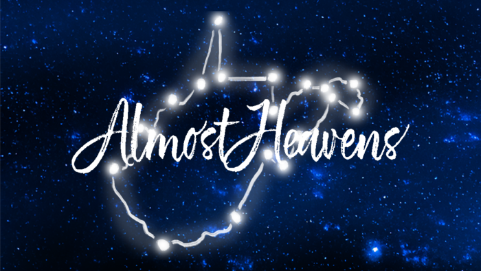 The logo for WVPB's Almost Heavens video series. The state of West Virginia is shown as if a constellation in the stars. The words, "Almost Heavens" is seen across the state in curvy letters.