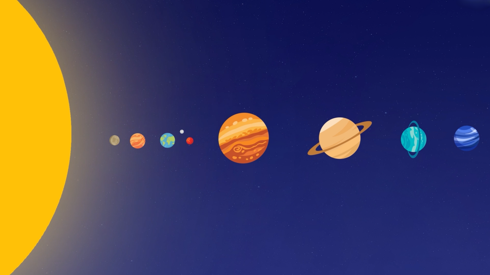 A line of illustrated planets are seen next to each other.