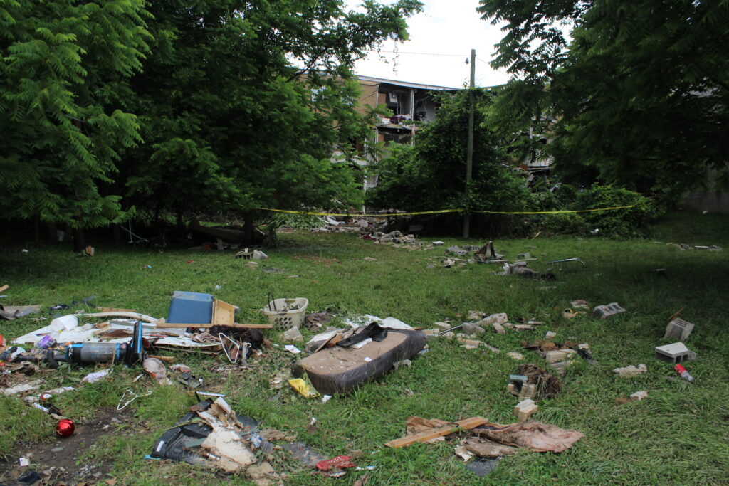 Debris, including part of a couch, a vacuum and a laundry basket lie on a grass field in front of vegetation. In the far background can be seen the portion of a ruined building, its interior exposed by a missing wall below a grey sky.