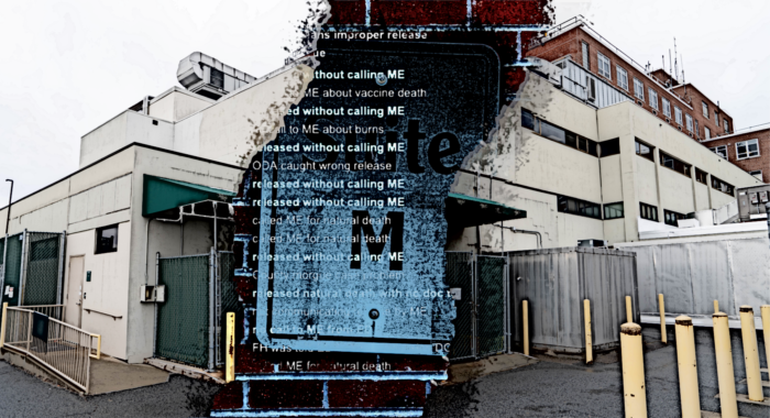An image of a hospital split in half with a illustration cutting through the middle. The image in the illustration reads, "Suite M" and sentences deceased individuals being released out of hospital custody.