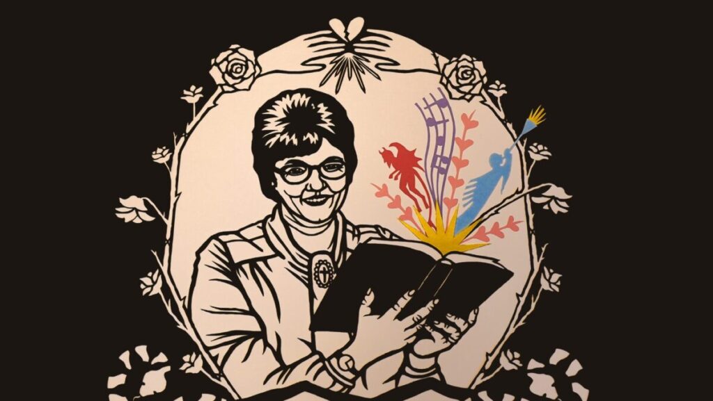 An illustration of a woman holding a book. The illustration includes the title, "Ella Hanshaw's Black Book."