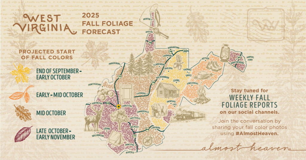 a beige map of West Virginia is highlighted in yellow, brow, orange and purple to show the varying times of the fall season when foliage will peak across the state.
