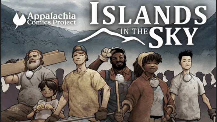 An illustration of a group of people and the title of the comic book that says, "Islands in the Sky."