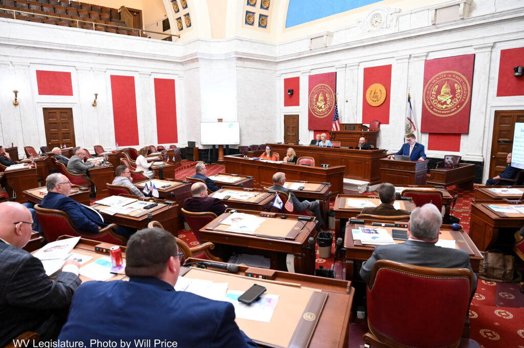 People in dark suits sit in a large chamber at wooden desks facing a large dais. To the right of the dais stands a man in a blue suit speaking to the group.