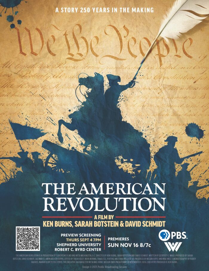 A promotional posters for Ken Burns' The American Revolution and a special screening event at Shepherd University.