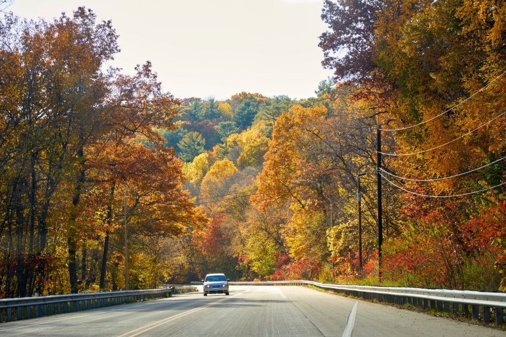 Car traveling down the road with beautiful leaves turning vivid colors on a country highway with telephone lines
