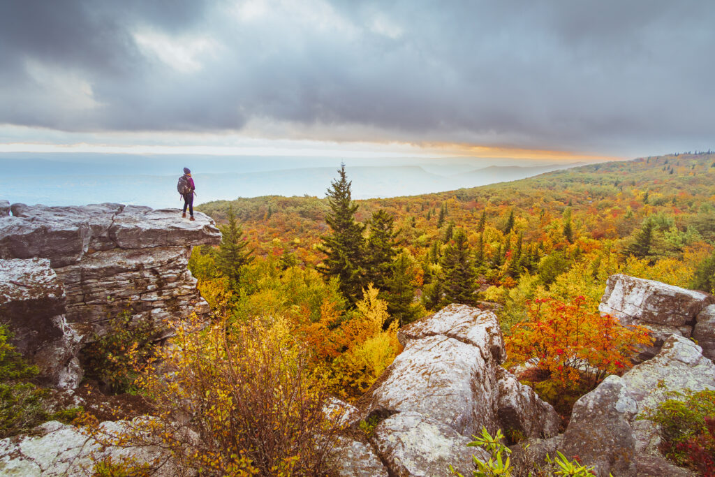 A woman stands on a rocky prominence above a heavily forested ridge in full autumn colors.