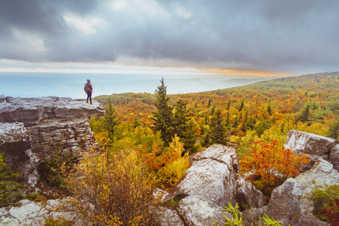 A woman stands on a rocky prominence above a heavily forested ridge in full autumn colors.