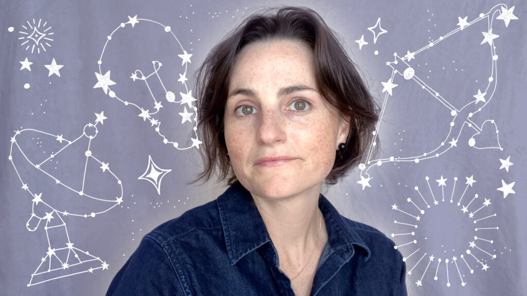 A portrait of a white woman wearing a navy blue shirt. There are constellation illustrations around her.