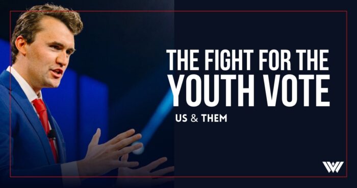 A black background with a photo of the late Charlie Kirk off to one side. The photo of him appears to be while he was giving a speech. He wears a blue suit and red tie. The words, "The Fight for the Youth Vote" is seen along with the WVPB and Us & Them logos.