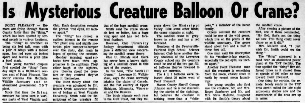 newspaper story with headline Is Mysterious Creature Balloon Or Crane?