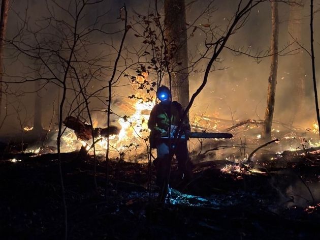 A fire blazes amidst trees in a darkened frame. In the center of frame a figure wearing a headlamp walks while holding a large chainsaw.