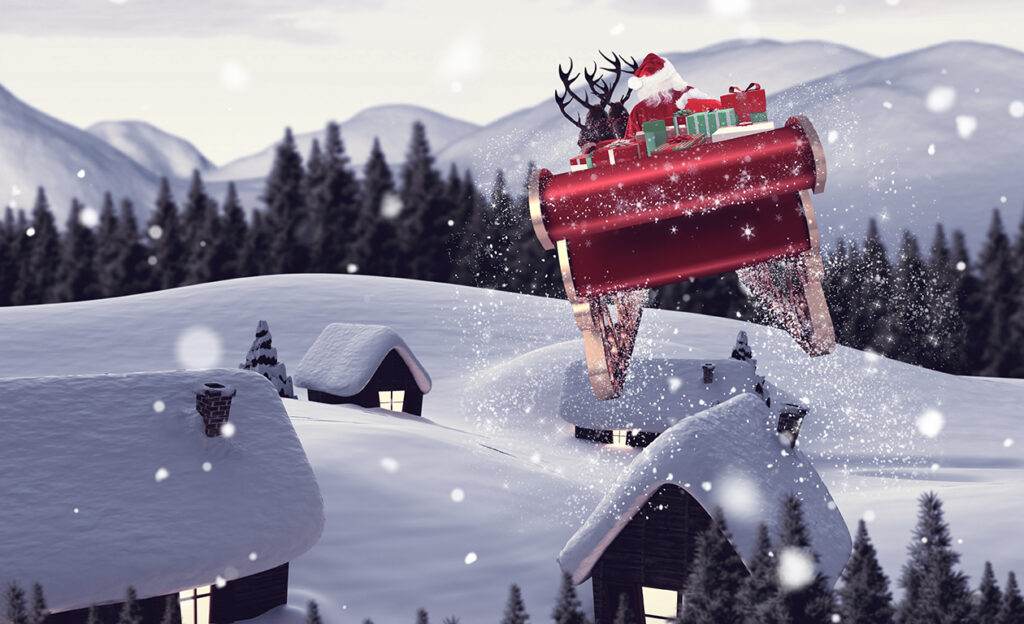 Illustration of Santa flying above snow covered homes