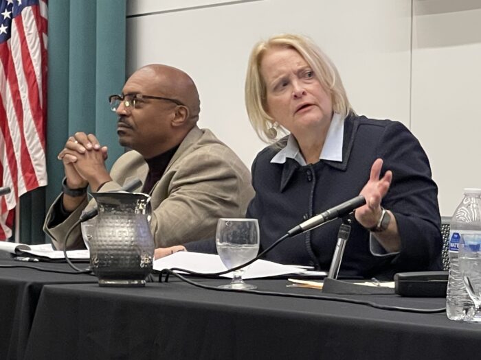 A white woman speaks from a panelists' table. To her right sits another panelist, a Black man, looking out into the audience.