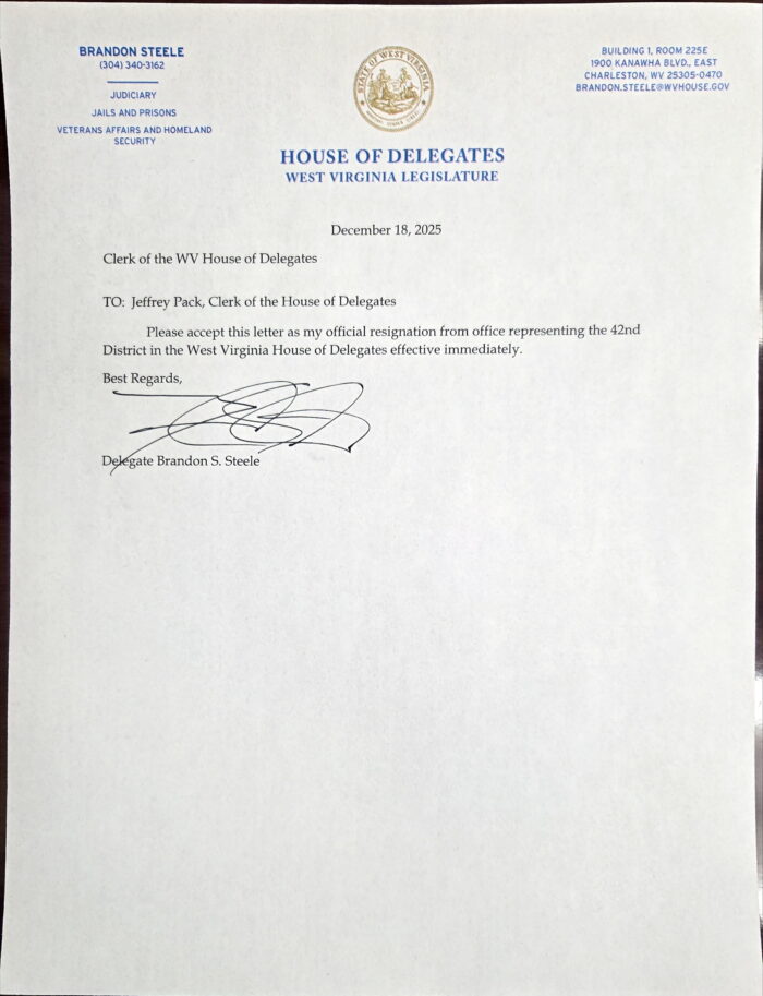 A photo of a piece of paper with WV House of Delegates letterhead. The letter is Del. Brandon Steele's resignation.