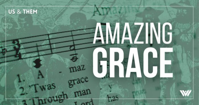 A light blue background featuring music notes. The words "Amazing Grace" are seen along with the logos for Us & Them and WVPB.