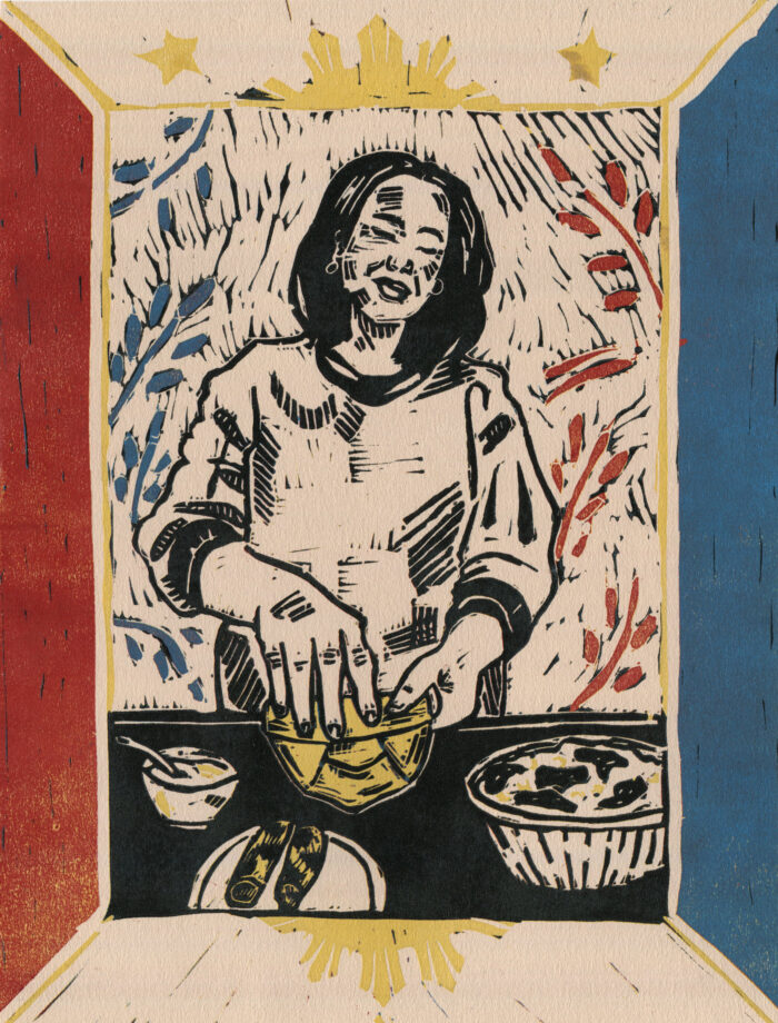 An art print with red, yellow, blue and black colors depicting a woman kneading something in a bowl with her hands. 