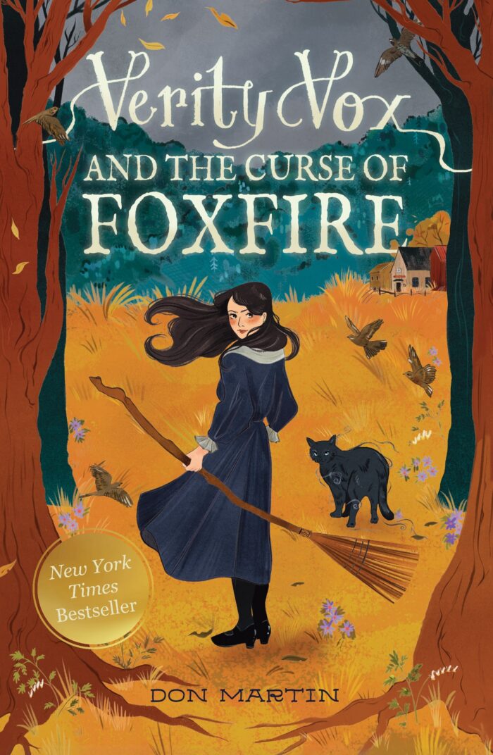 The cover of a book that reads, "Verity Vox and the Curse of Foxfire." There is an illustration of a young girl wearing a navy jacket and she is holding a broomstick. There is a black cat to her right. She is standing in the woods. 