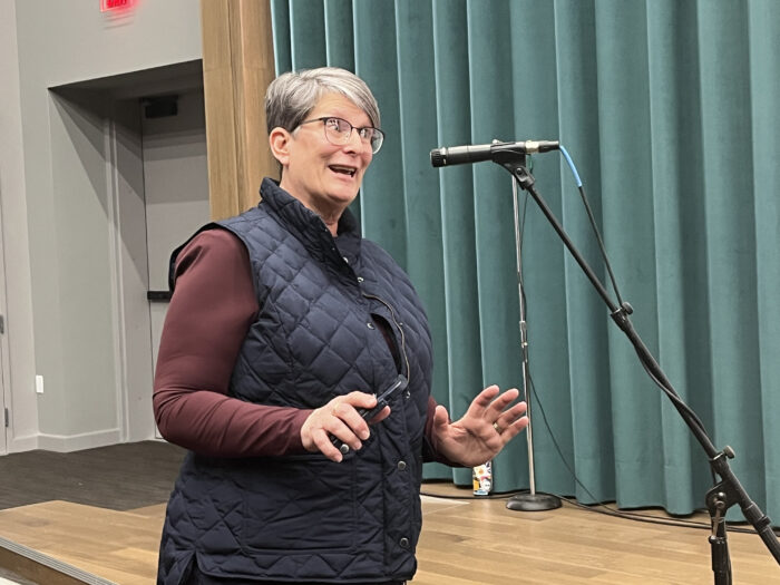 And older woman with a pixie cut, salt and pepper hair, stands at a standing mic and speaks to panelists.
