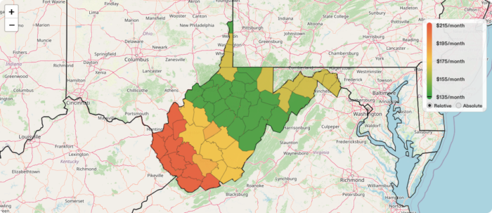 Chart showing the state of West Virginia color-coded into groups from orange to yellow to green.