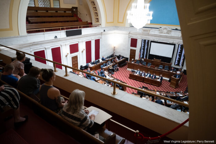 A group sits in a gallery high above an ornate chamber with wooden desks and a large dais arranged on a red carpet. To the left another gallery set high in the chamber's wall can be seen.