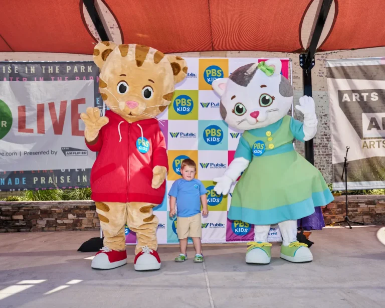 Daniel Tiger and Katerina Kittycat with a small boy.