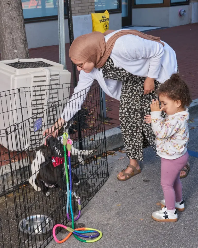 A woman wearing a hijab pets a puppy in a pen. Next to her is a small child.