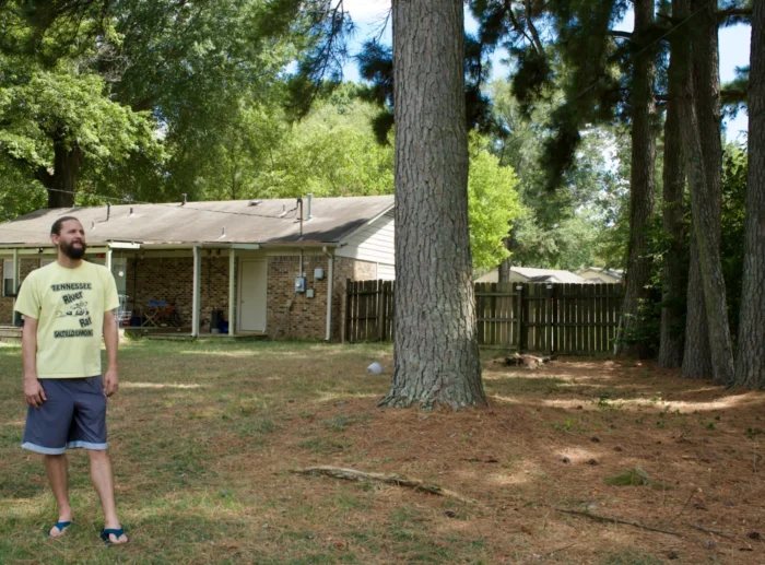A man stands outside a house next to tall trees. He looks up toward the sky.