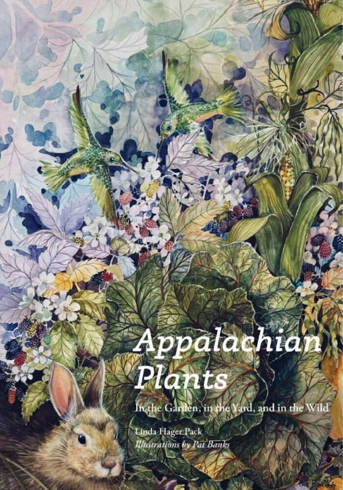 The cover of a book. There are plants with purple, green and blue. There are humming birds and a rabbit. The title reads, "Appalachian Plants: In the Garden, In the Yard and In the Wild."