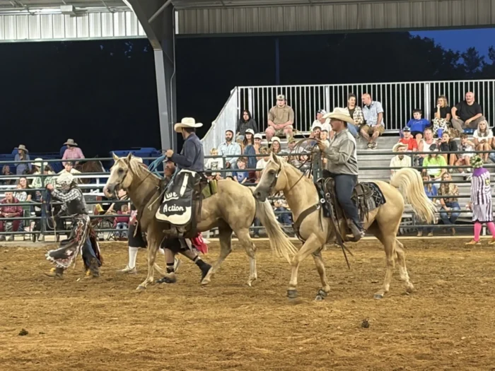 A landscape image of people riding horses in a rodeo arena.